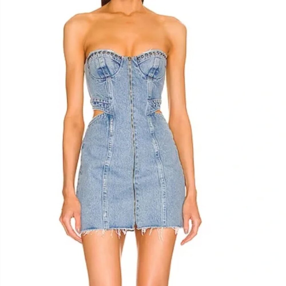 Dundas x Revolve Full Zip Studded Love Denim Mini Cut Out Dress Size XXS